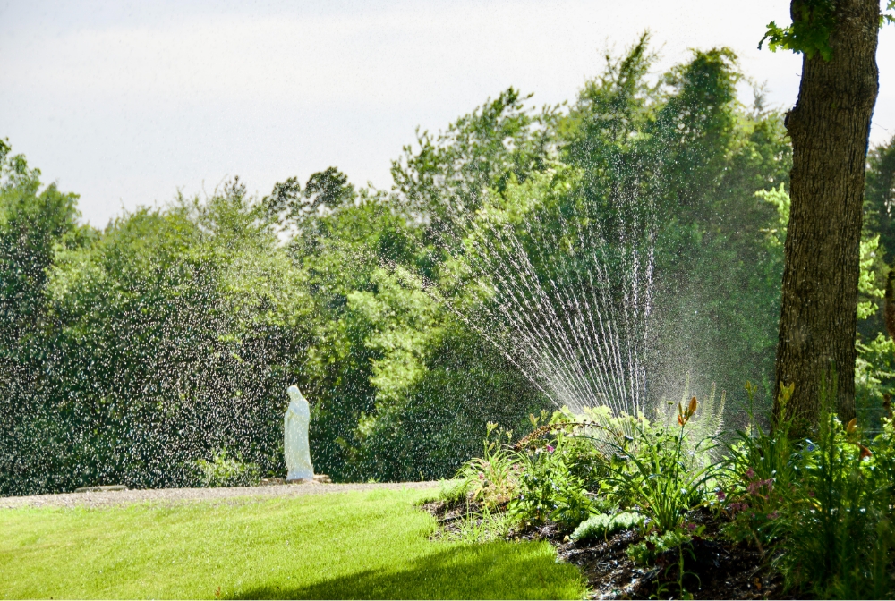 A sprinkler is spraying water on a lawn.